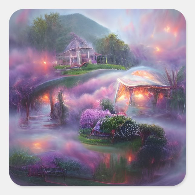 Pegatina Cuadrada Wisteria Gazebo al atardecer junto al estanque (Anverso)