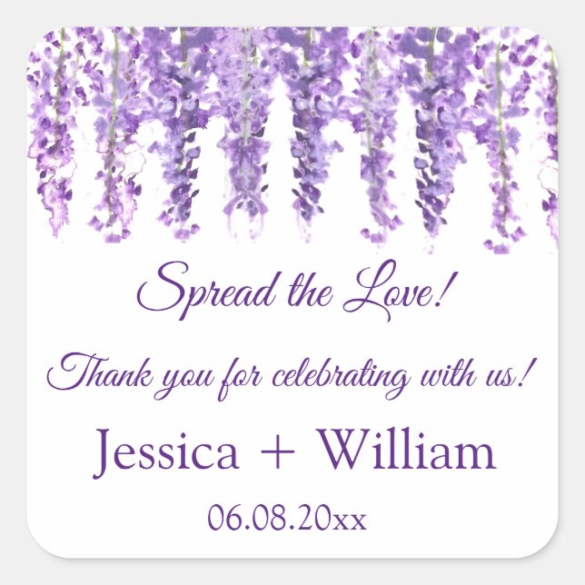 Pegatina Cuadrada Wisteria Novia Morada Floral y Boda Groom (Anverso)