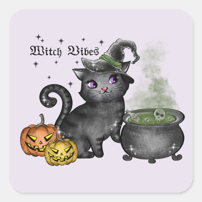 Pegatina Cuadrada Witch Black Cat | Witch Vibes (Anverso)