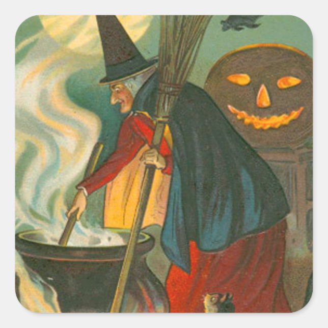 Pegatina Cuadrada Witch Broom Cauldron Jack O Lantern Bat Cat (Anverso)