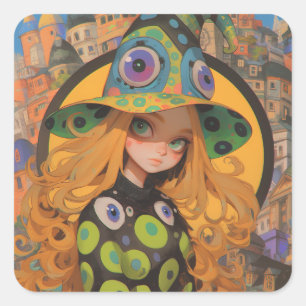 Pegatina Cuadrada Witch & Eyeball Gorra de Kawaii en Ciudad Fantasía