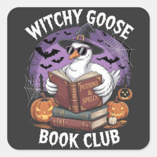 Pegatina Cuadrada Witch Goose Book Club Spooky Halloween Animal