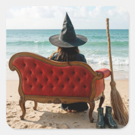 Pegatina Cuadrada Witch Sitting on a Seashore Sofa