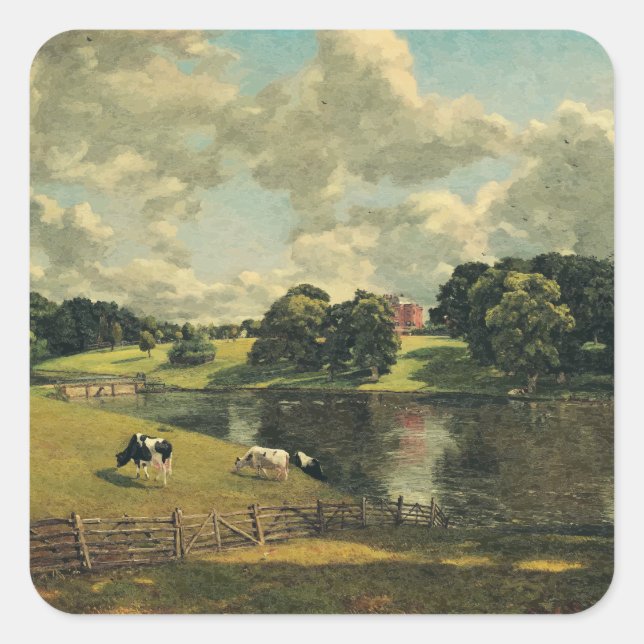 Pegatina Cuadrada Wivenhoe Park por John Constable (Anverso)