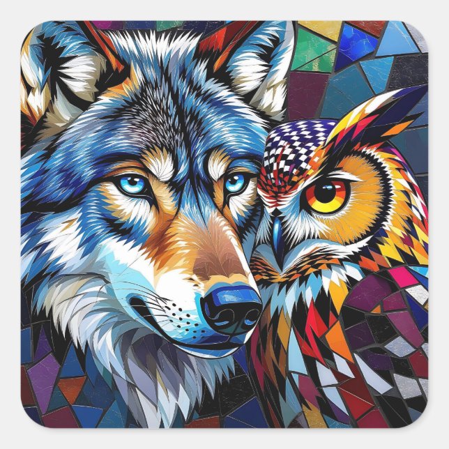 Pegatina Cuadrada Wolf and Owl Vibrant and Colorful (Anverso)