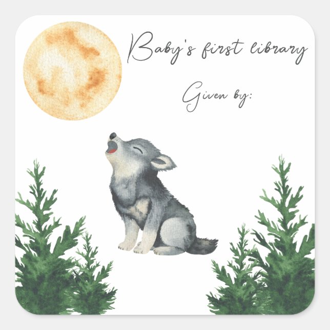 Pegatina Cuadrada Wolf Baby Shower Baby's first library  (Anverso)