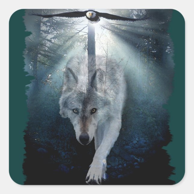 Pegatina Cuadrada Wolf & Eagle Clans Wildlife Art (Anverso)