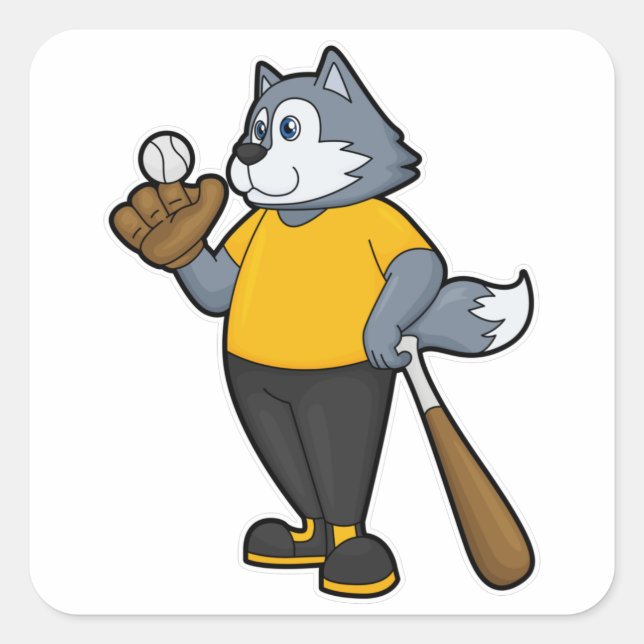 Pegatina Cuadrada Wolf en el béisbol con bate de béisbol (Anverso)