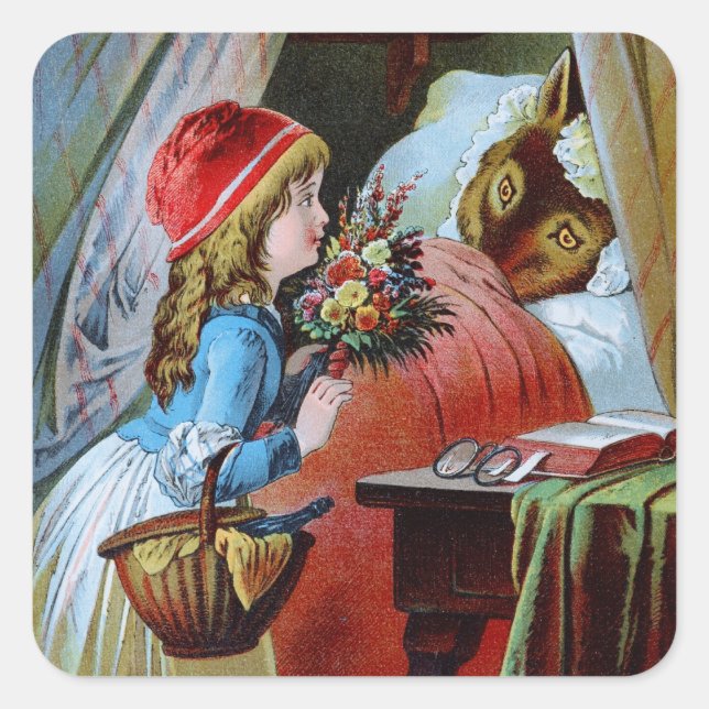 Pegatina Cuadrada Wolf en la cama de la abuela (Anverso)