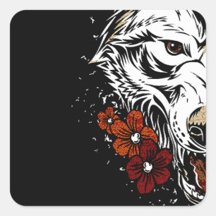 Pegatina Cuadrada Wolf Flower Tatoo Vintage