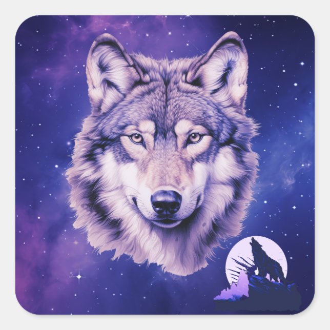 Pegatina Cuadrada Wolf Galaxy Stars Cosmic Birday Party (Anverso)
