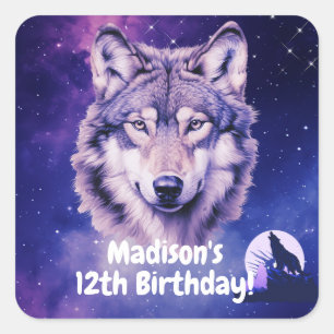 Pegatina Cuadrada Wolf Galaxy Stars Cosmic Birday Party