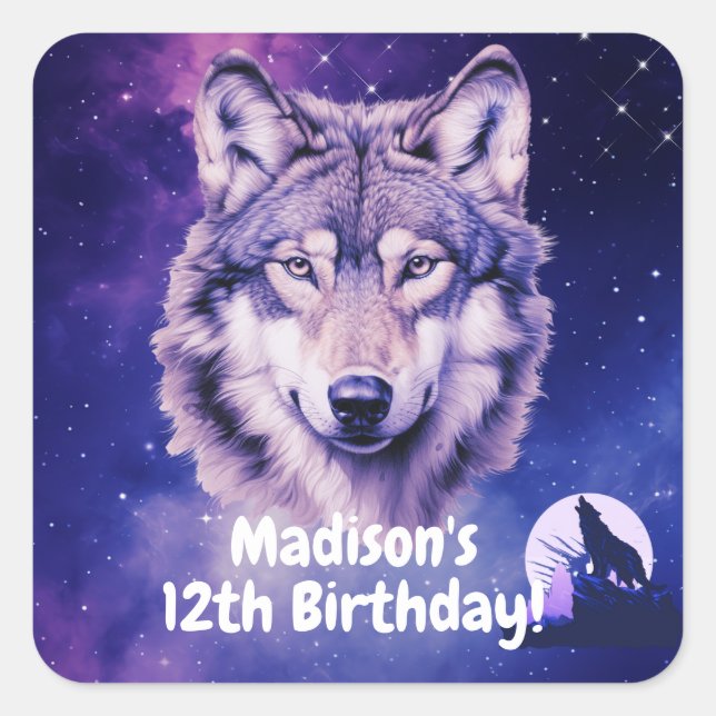 Pegatina Cuadrada Wolf Galaxy Stars Cosmic Birday Party (Anverso)