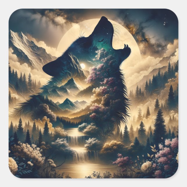 Pegatina Cuadrada Wolf Howling en la Luna (Anverso)