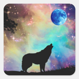 Pegatina Cuadrada Wolf Howling en Moon Galaxy Stars Animal