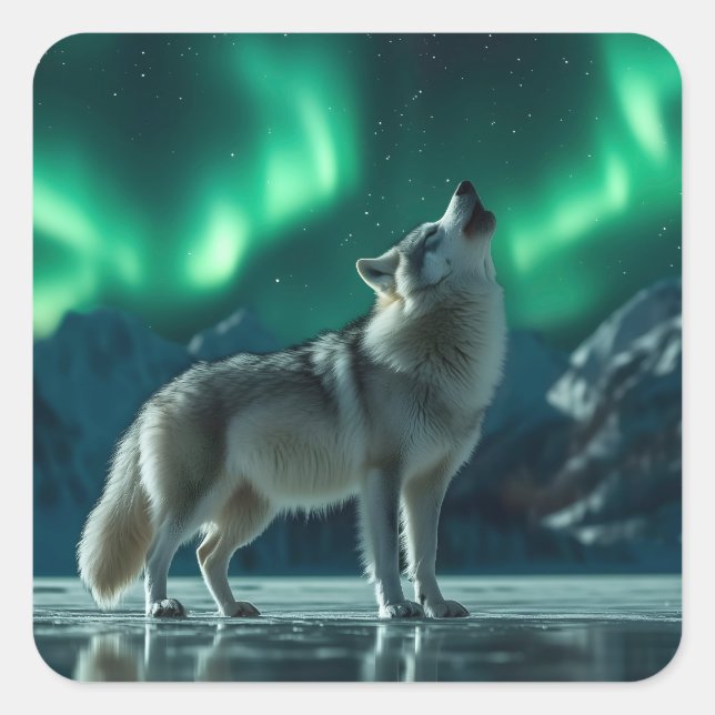 Pegatina Cuadrada Wolf Howling Under the Northern Lights (Anverso)