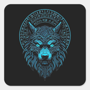 Pegatina Cuadrada Wolf Mask Odin Runes Norse Compass Viking