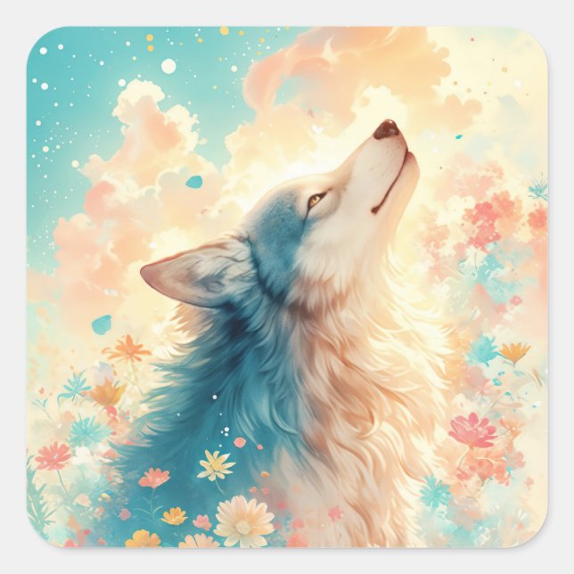 Pegatina Cuadrada Wolf Portrait in Pastel Wildflower Meadow (Anverso)