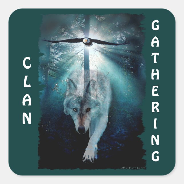 Pegatina Cuadrada WOLF y EAGLE Clan reuniendo a las primeras nacione (Anverso)