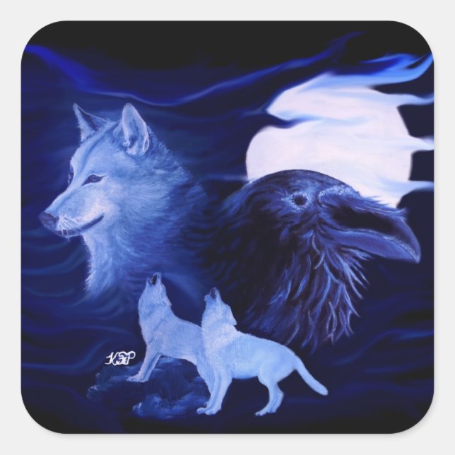 Pegatina Cuadrada Wolf y Raven con luna llena (Anverso)