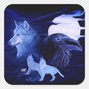 Pegatina Cuadrada Wolf y Raven con luna llena
