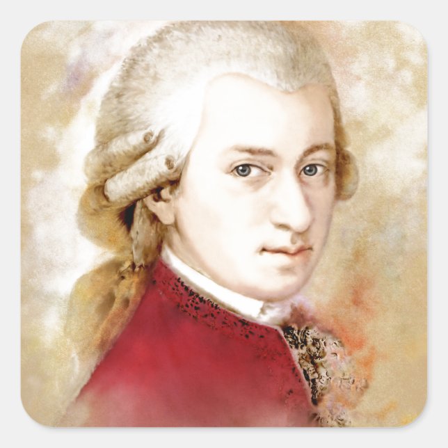Pegatina Cuadrada Wolfgang Amadeus Mozart im Aquarell Stil (Anverso)