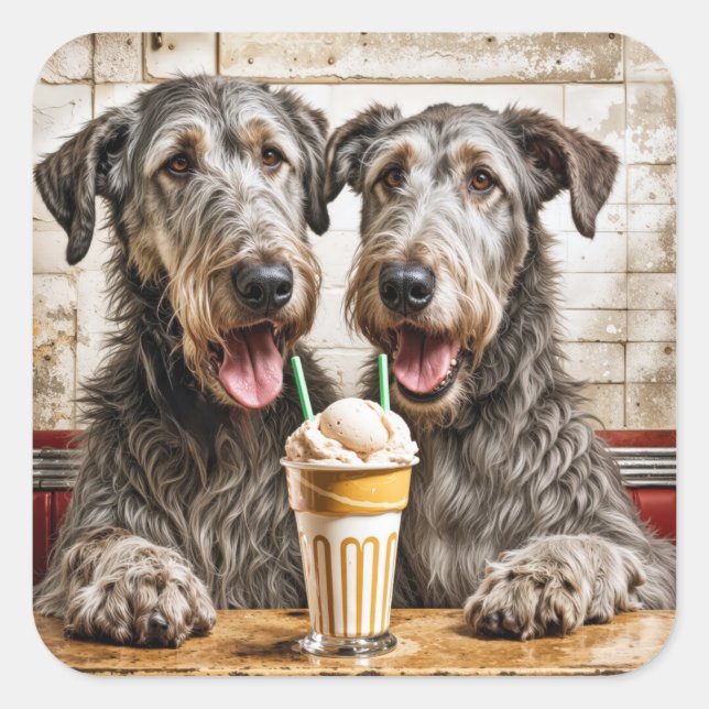 Pegatina Cuadrada Wolfhounds Irlandés Con Soda De Helado (Anverso)