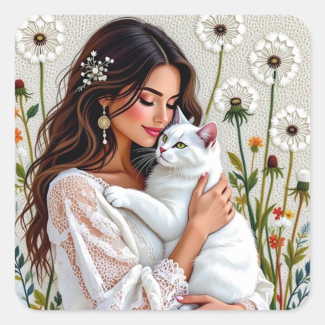 Pegatina Cuadrada Woman and White Cat and Dandelions  (Anverso)