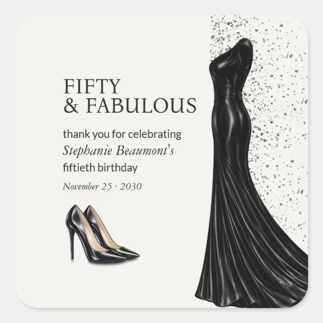 Pegatina Cuadrada Woman Elegant Fabulous Black Dress 50th Birthday (Anverso)