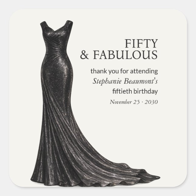 Pegatina Cuadrada Woman Elegant Fabulous Black Dress 50th Birthday (Anverso)