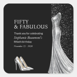 Pegatina Cuadrada Woman Elegant Fabulous Silver Dress 50th Birthday