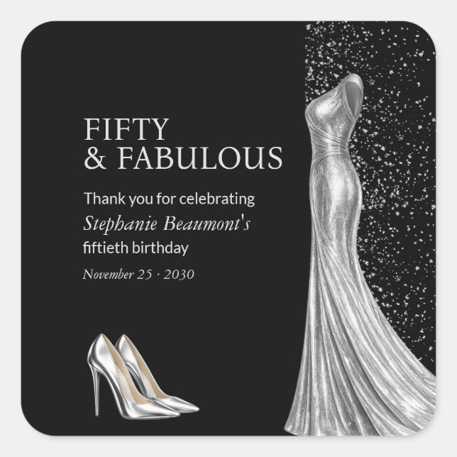 Pegatina Cuadrada Woman Elegant Fabulous Silver Dress 50th Birthday (Anverso)