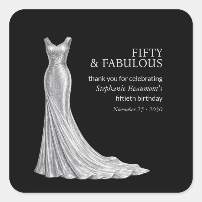 Pegatina Cuadrada Woman Elegant Fabulous Silver Dress 50th Birthday (Anverso)