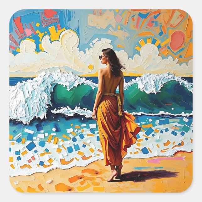 Pegatina Cuadrada Woman on Beach Abstract Seaside Art (Anverso)