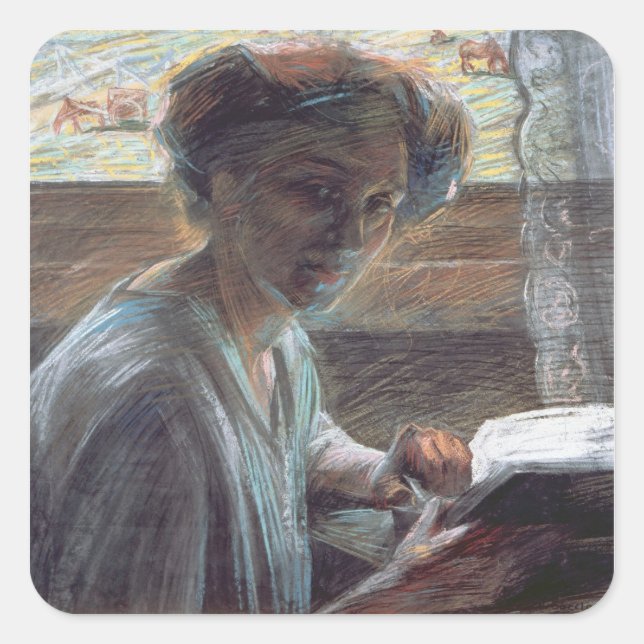 Pegatina Cuadrada Woman Reading, 1909 (aceite sobre lienzo) (Anverso)