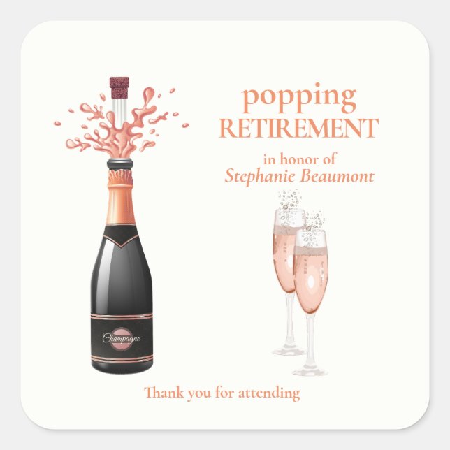 Pegatina Cuadrada Woman's Elegant Popping Champagne Retirement (Anverso)