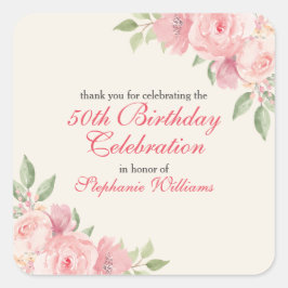 Pegatina Cuadrada Women's Floral Elegant Rose 50th Birthday Party