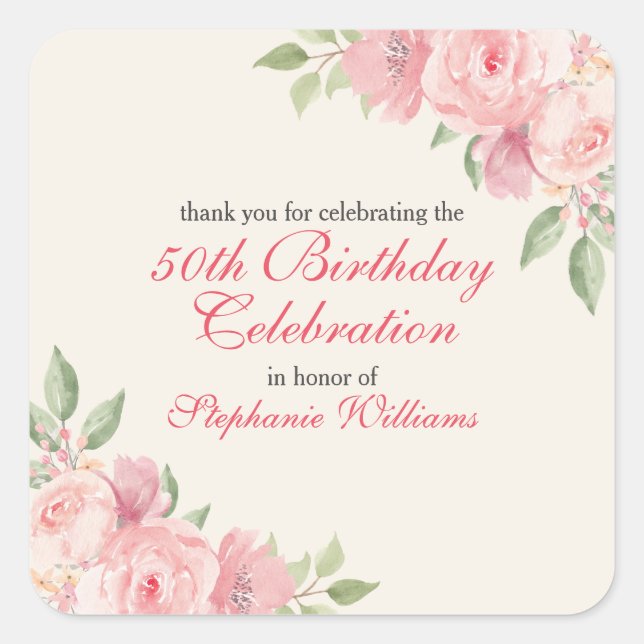 Pegatina Cuadrada Women's Floral Elegant Rose 50th Birthday Party (Anverso)