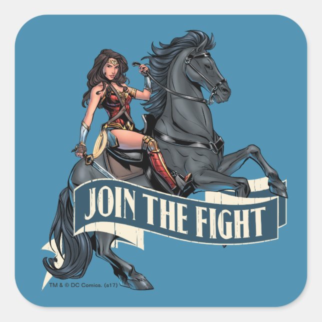 Pegatina Cuadrada Wonder Woman on Horse Comic Art (Anverso)