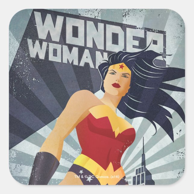 Pegatina Cuadrada Wonder Woman Retro City Sunburst (Anverso)