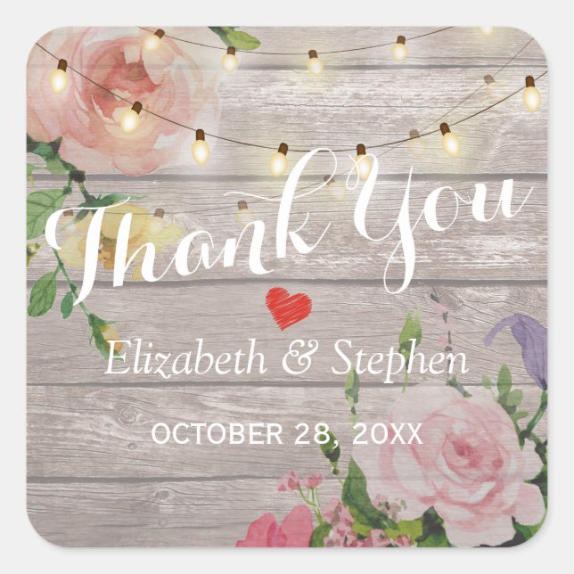 Pegatina Cuadrada Wood Floral String Lights Wedding Favor De La Boda (Anverso)