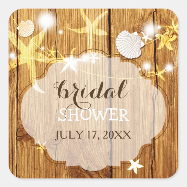 Pegatina Cuadrada Wood Grain Beach Bridal Shower (Anverso)