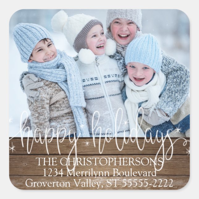 Pegatina Cuadrada Wood Script HAPPY VACACIONES FELICES Dirección de  (Anverso)