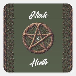 Pegatina Cuadrada Wood Twig Pentacle Olive Green Wiccan Boda