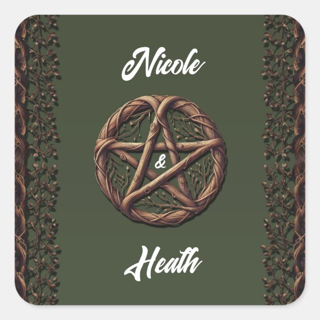 Pegatina Cuadrada Wood Twig Pentacle Olive Green Wiccan Boda (Anverso)