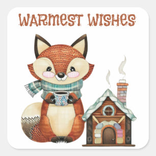 Pegatina Cuadrada Woodland adorable zorro con café Mejores deseos