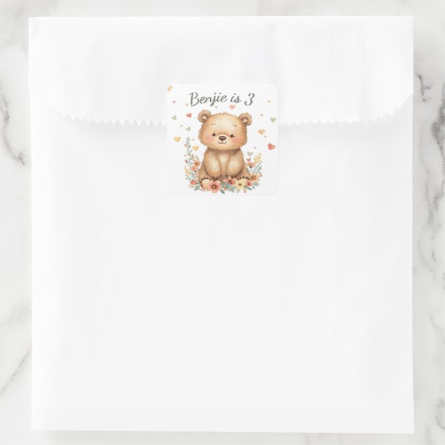 Pegatina Cuadrada Woodland Animal Cute Bear Pastel Hearts Floral (Bolso)