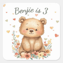 Pegatina Cuadrada Woodland Animal Cute Bear Pastel Hearts Floral