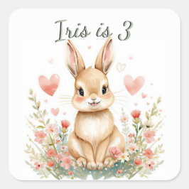 Pegatina Cuadrada Woodland Animal Cute Bunny Pastel Pink Hearts