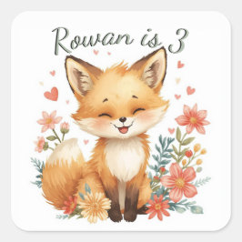 Pegatina Cuadrada Woodland Animal Orange Fox  Pastel Floral